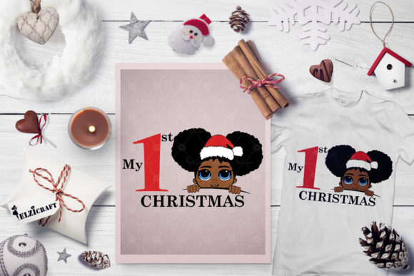 Afro Girl Peeking My First Christmas Graphics for Crafts